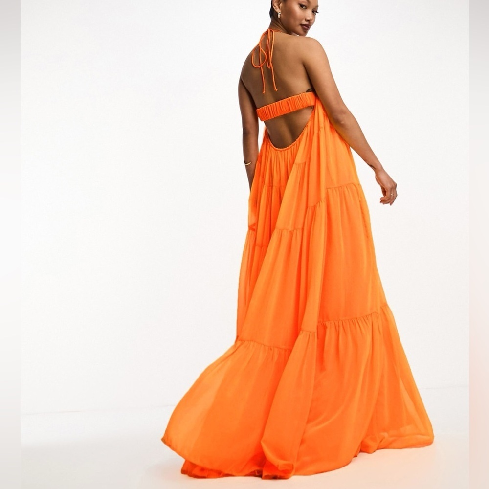 ASOS Bright Orange Sheer Over Slip Halter Maxi Dress - Picture 3 of 11